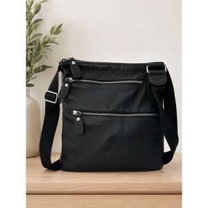 Margot Genuine Pebbled Leather Black Crossbody Bag Multi Zip Purse